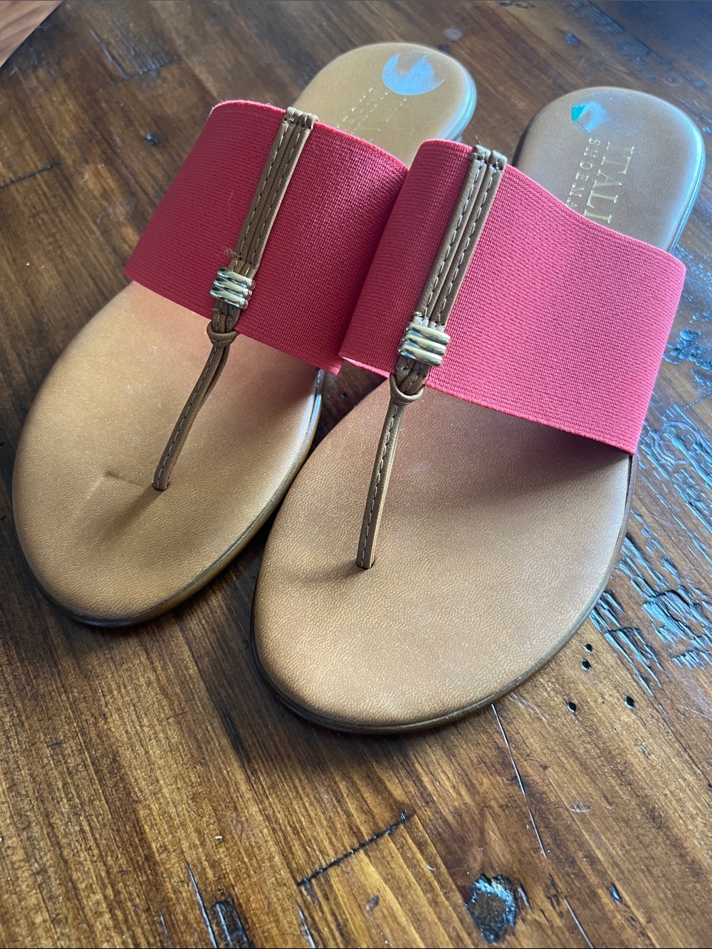 Italian Shoemakers Coral Wide-Strap Thong Sandals with Tan Accents